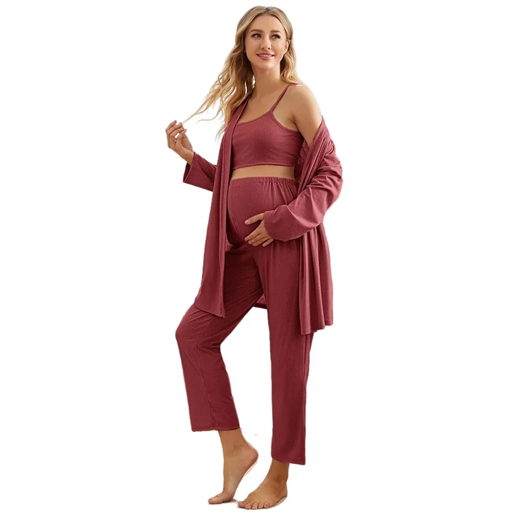 Maternity Nursing 3 Pack Solid Rib-knit Button Robe Set Pregnant Women Pajama Set