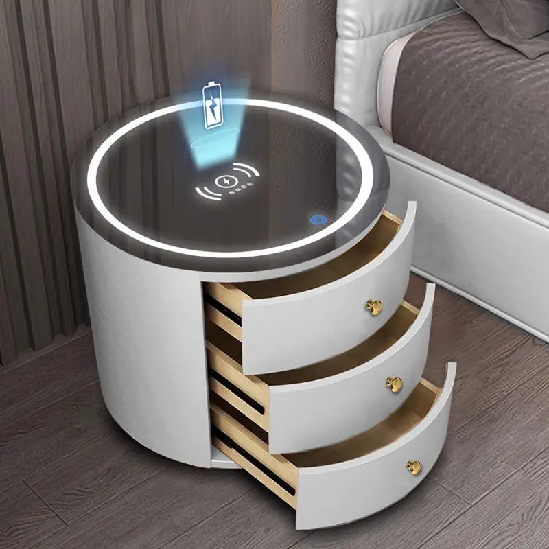 Xijiayi Luxury Smart Nightstand Phone Wireless Charger Bedside Cabinet Round Wooden Bedside Table With Led Light