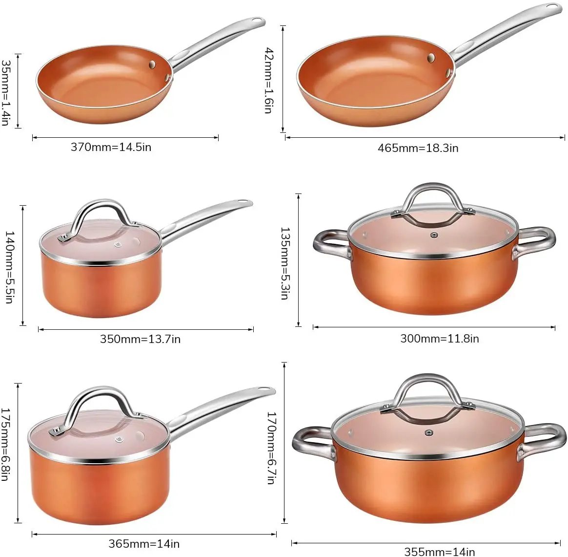 10pcs Non Stick Ceramic Coating Saucepan Wok Induction Copper Pots and Pans