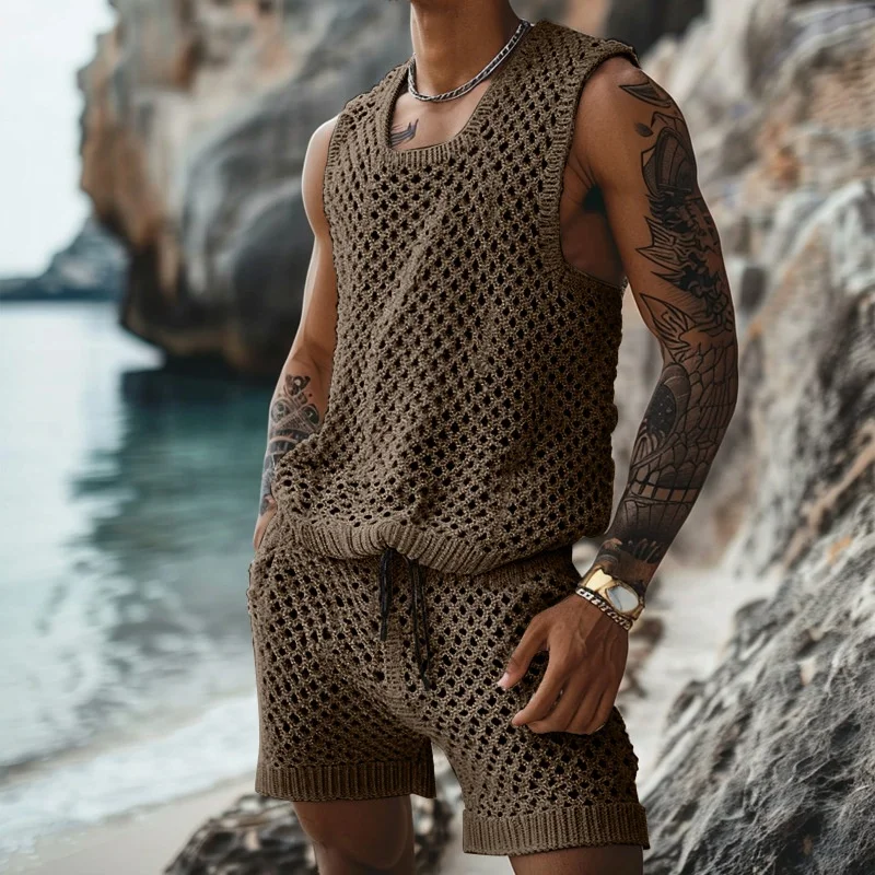 King Mcgreen star Hot selling men Short Sleeve O Neck Shirt And Shorts Suit Hollow Out Beach Tracksuit Men Two Piece Set