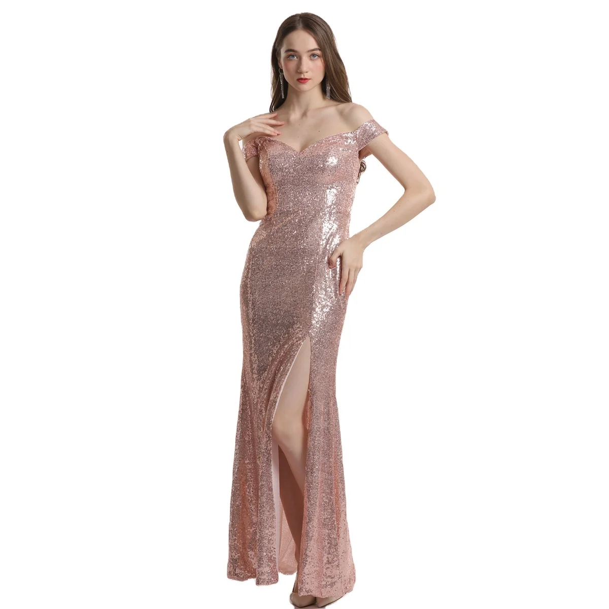 Pink sequin fitted split bridesmaid dresses wholesale price custom made service wedding gown mother of the bride