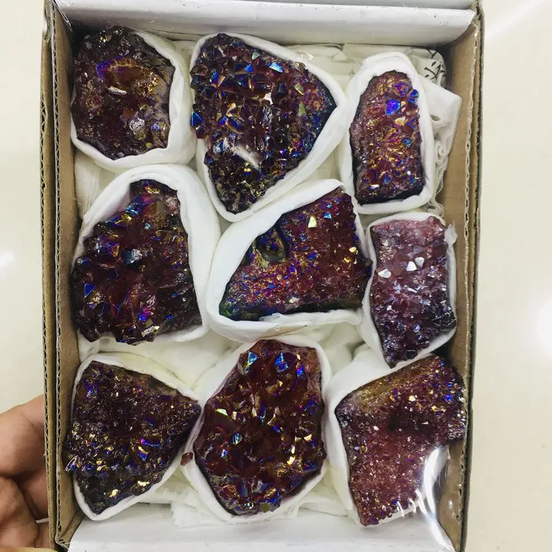 Natural Electroplated amethyst colorful Aura crystal Clusters Box healing stone for decoration gift