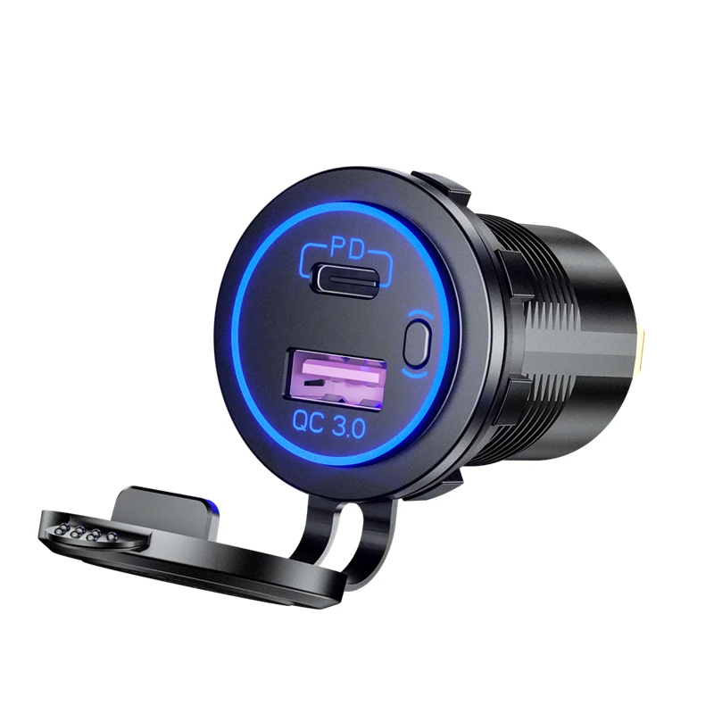 Hot Selling 12v Car Charger Socket QC3.0 USB-A Charger Socket with USB-C Socket with Touch Switch and Blue LED Auto Accessories
