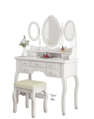 Hot sell 7 Drawer Mirror Dressing Table Stool Mirror Drawer Makeup jewelry Cabinet White Desk