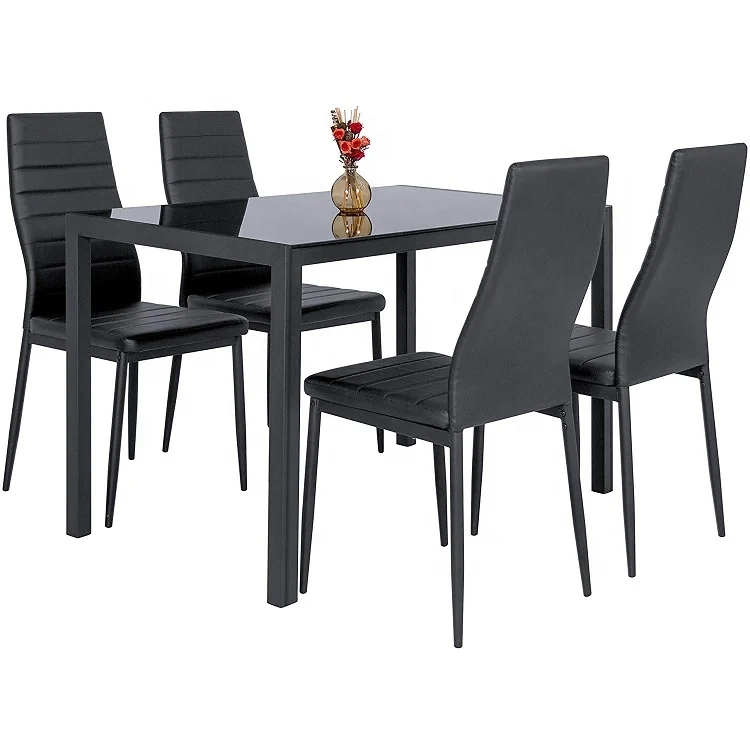 5 Piece Kitchen Dining Table Set Glass Top and 4 Leather Chairs Dinette Black Dining table set