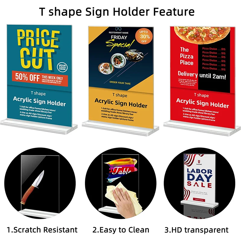 Быстрая доставка пользовательских A4 A5 A6 офисные ресторанного меню T Shape Прозрачный оптом акриловый держатель знака 8,5X11