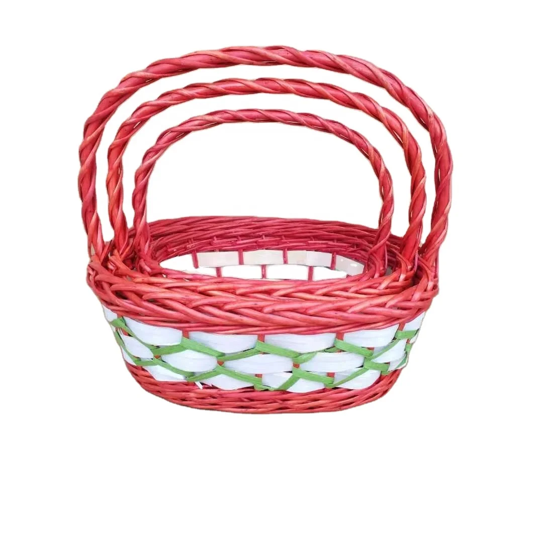 China Basket Supplier Hand Woven Cheap Natural Willow Oval Shaped Gift Basket Fruit Bowl Bread Serving Tray with Handle