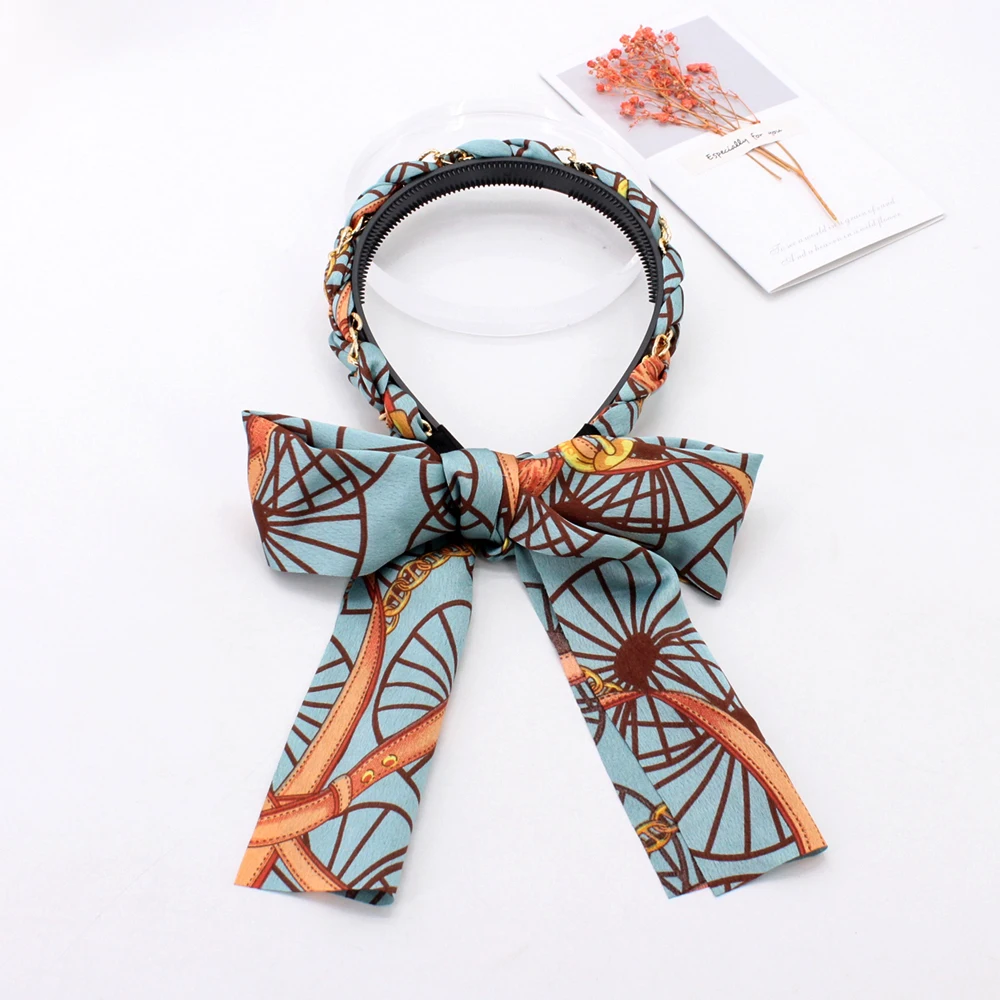IFOND Vintage Metal Chain Hairbands Satin Fabric Printed Bowknot Ribbon Headbands Fpr Women Makeup