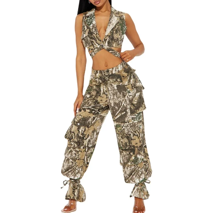 Two Piece Set Cropped Camo Cargo Vest Top And High Waist Multi Pockets Baggy Pants Suits Sexy Women Ladies Printed Pants Set