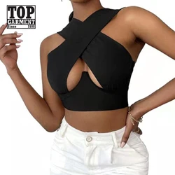 2021 new fashion summer woman shirt hollow cross halter wrap top crop ladies