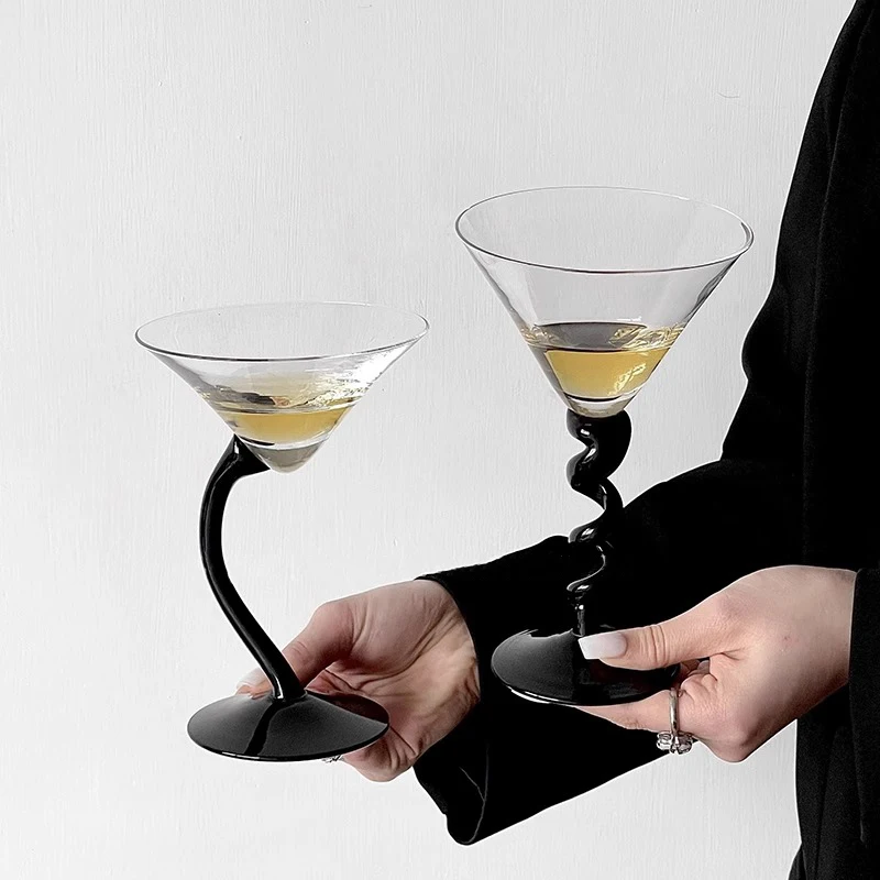 Creative Black Crooked Stem Twisted Martini Tall Glasses Champagne Wine Glass Cocktail