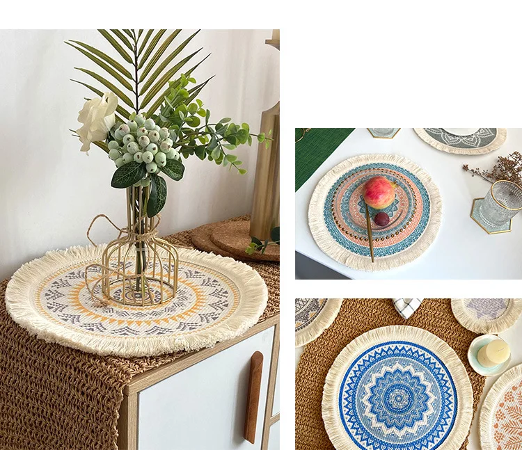 Wholesale hand woven round ding table placemat with tassel