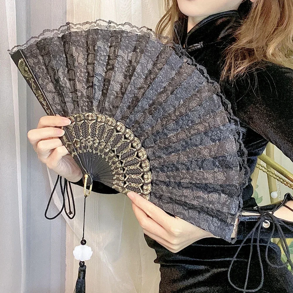 Black White Lace Folding Fan Vintage Handheld Fan Women Girls Hollow Lace Folding Fan Art Craft Gift Decor