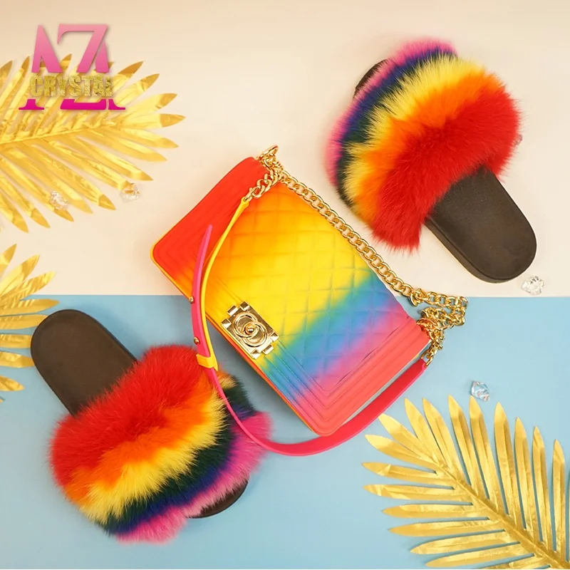 wholesale women fashion real colorful rainbow big coverage fur slides slippers women and matching purse with jelly bags sets