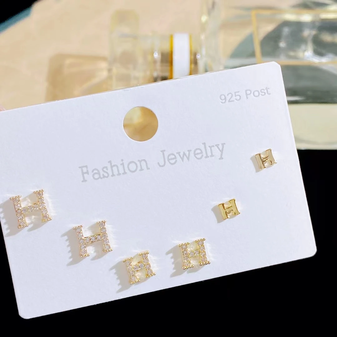 HC High Quality Luxury 925 Silver Needle Simple love Letter H Earring Set Small Fresh All-match Fashion Earring Jewelry for Girl