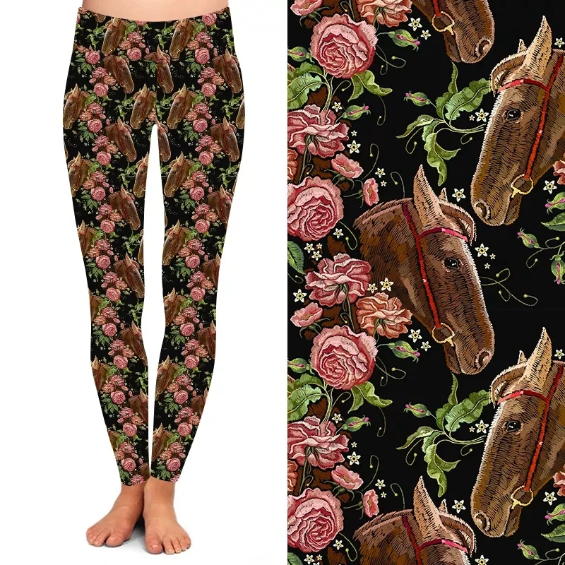 Custom design promotion wholesale buttery soft brown check running horse leggings