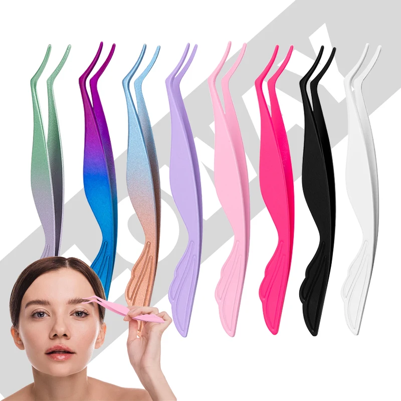 Custom Logo Rose Gold Pink Gradient Curved Stainless Steel Eyelash Applicator Tool Diy Cluster Lash Tweezers For Lash Extension
