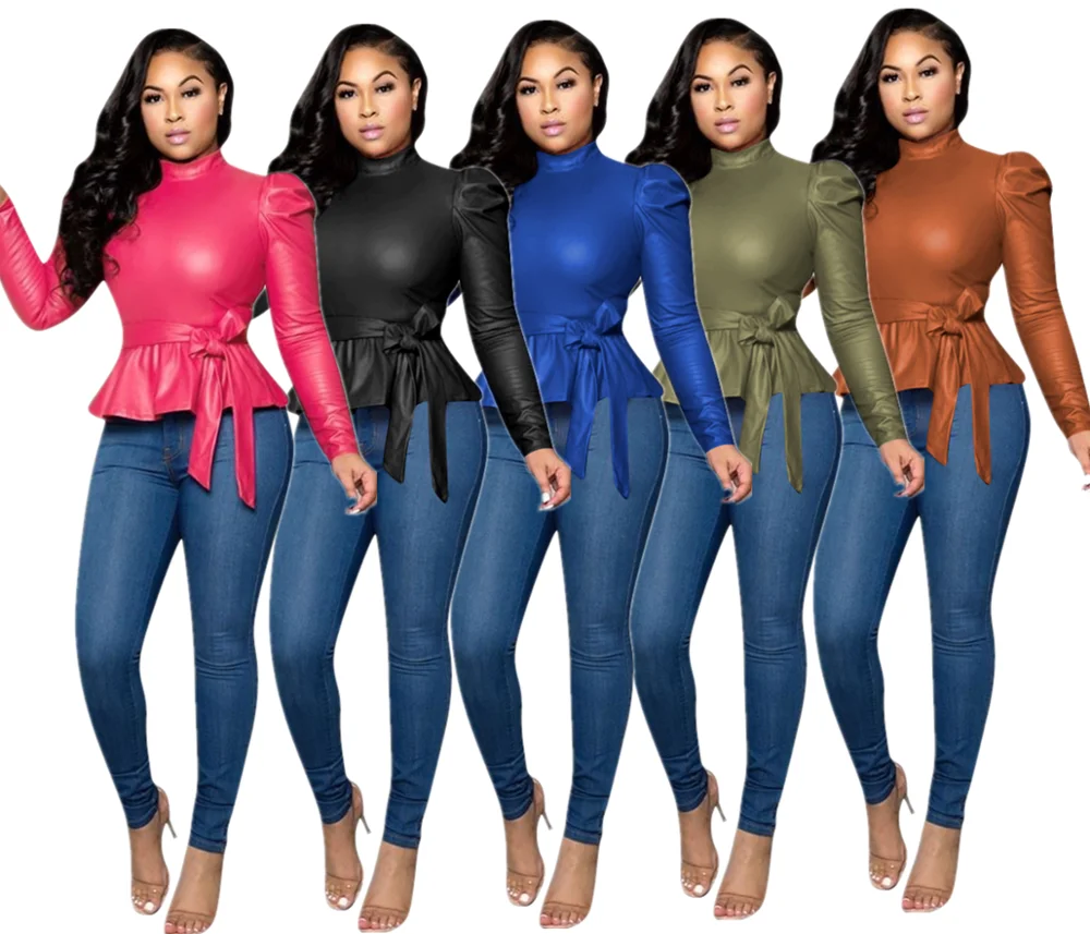 
YZ837 High quality leather shirt with high collar lace lace elastic waistband for women 