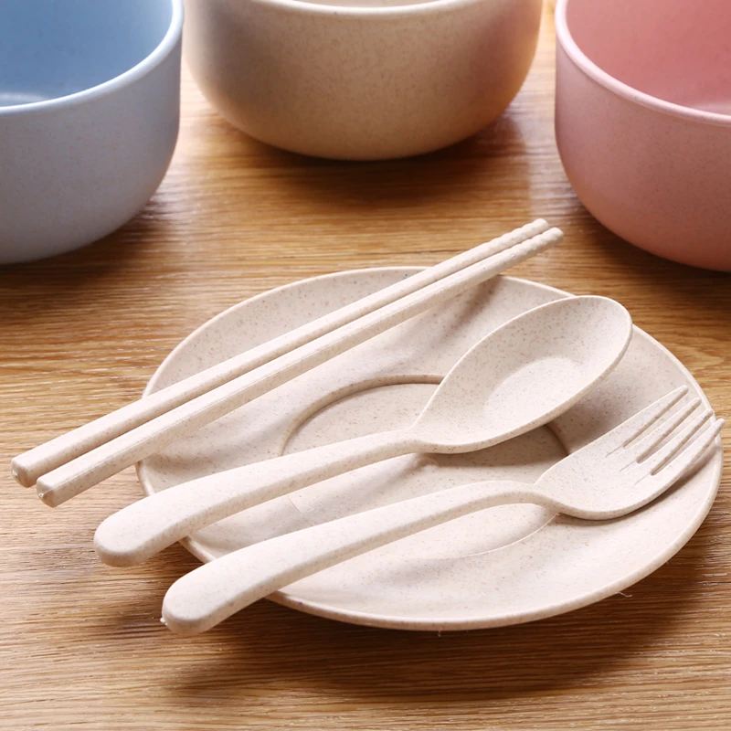 Natural Wheat Straw Spoon Fork Chopsticks Cup Bowl Plate 6-pieces Set