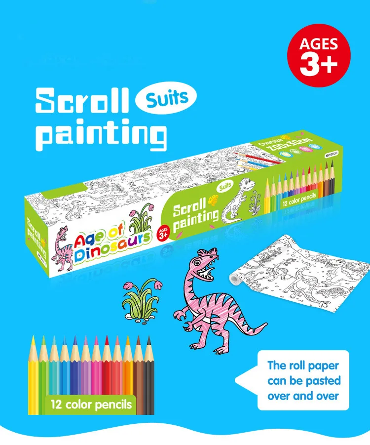 Children's New Year Gift Toy Coloring Paper Graffiti 200x30cm Picture Scroll Long Roll Dinosaur Set 12 Color Brushes CRE