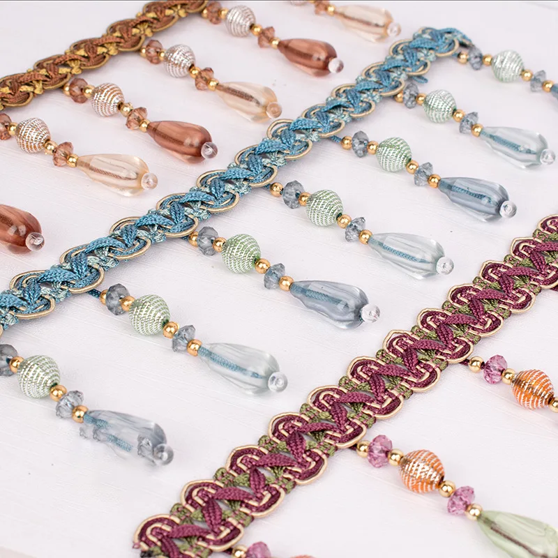 Wholesale High Quality Fancy 12.5Yard Decorative Tassel Fringe Crystal Beaded Curtain Fringe Trim