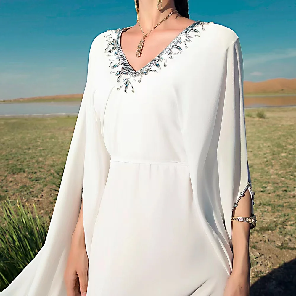 Dubai Muslim V-neck hand-stitched drill cloak elegant dress daffah abaya thobe ramadan luxury travel robe women Islamic clothing