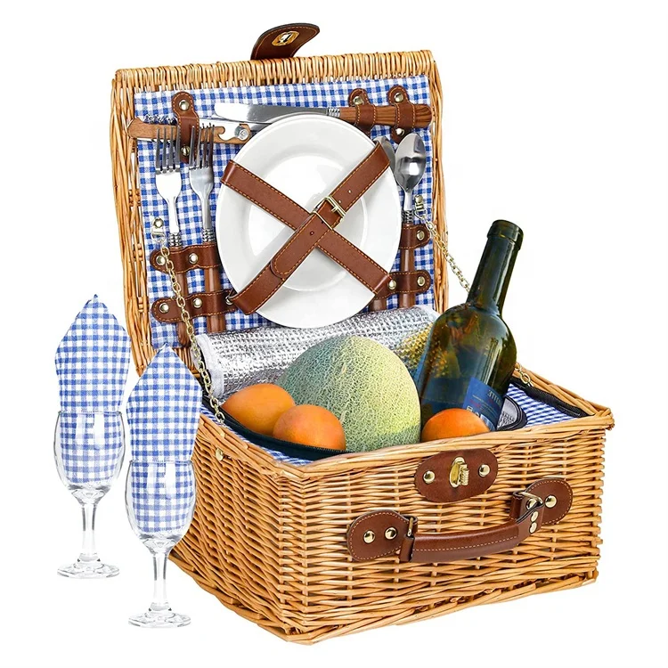 Custom Gifts Wholesale Rattan Wicker Picnic Basket Set with Insulated Cooler Waterproof Liner for Camping Outdoor