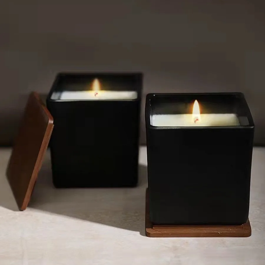 Customized Square Frosted Glass Candle Jar Ceramic Candle Vessel With Lid Black For Interior Decoration
