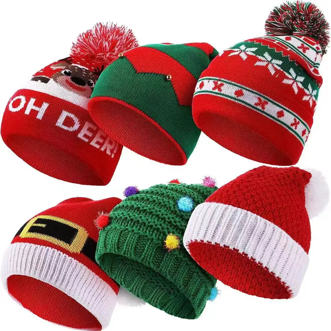 Handmade Red Green Knitted Crochet Beanies New Adult Christmas Elf Santa Style Wholesale Fiber Material Natural False