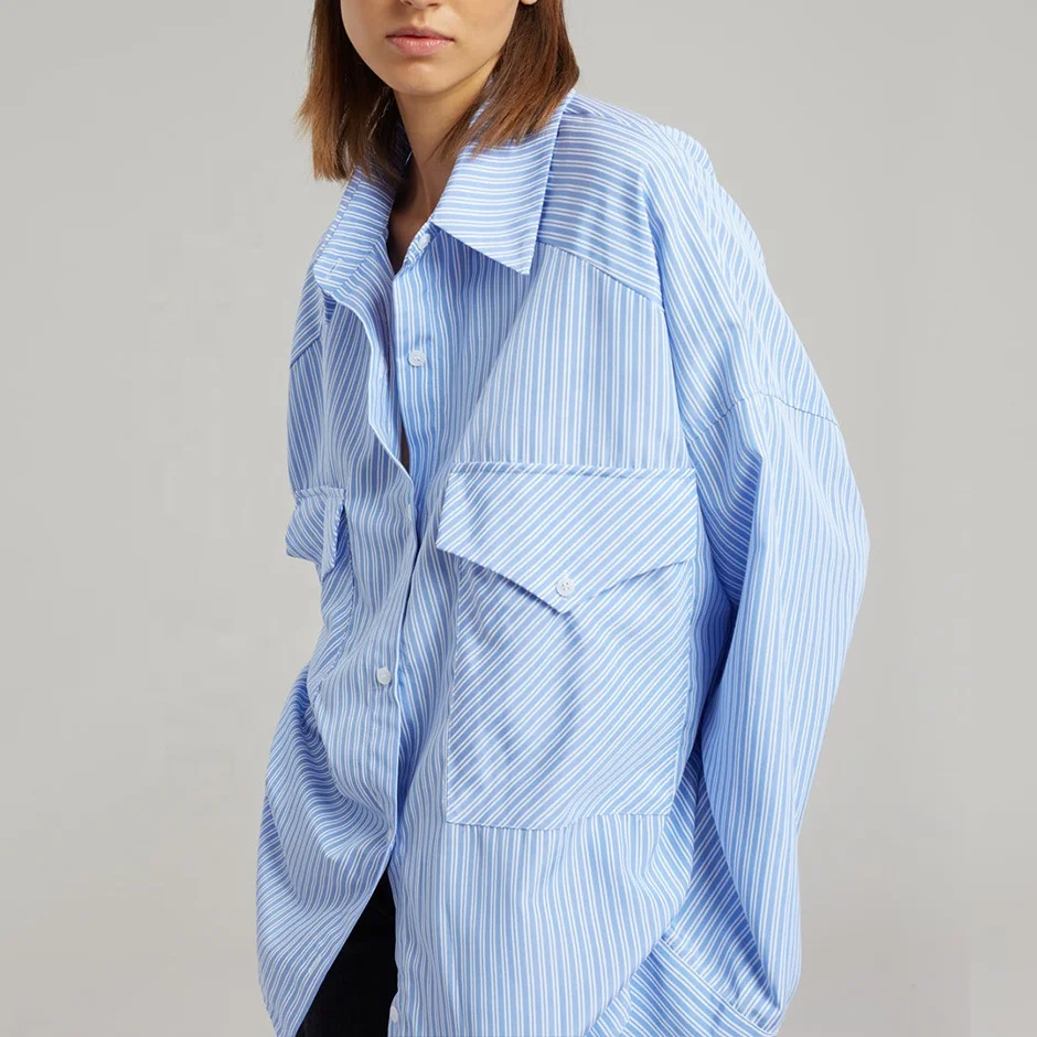 Oversized Stripes 100% Cotton Women Summer OfficIal Long Blouse Shirt Women Tops And Blouses