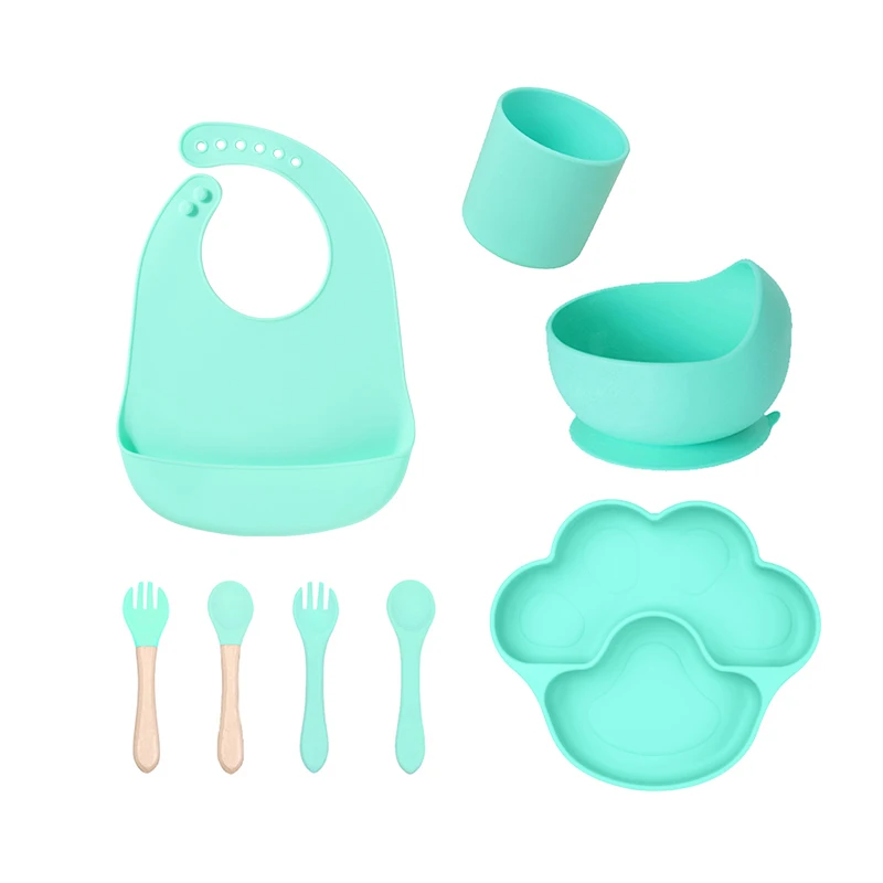 Food Grade Silicone Baby Feeding Starter Set Suction Bowl Plate Soft Bib Sippy Cup Spoon Fork Portable Feeding Set For Babies