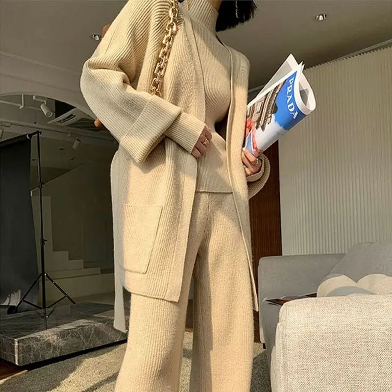 Winter 2022 new design high neck pullover knitted cardigan long sleeve wide leg pants 3 sets women sweater