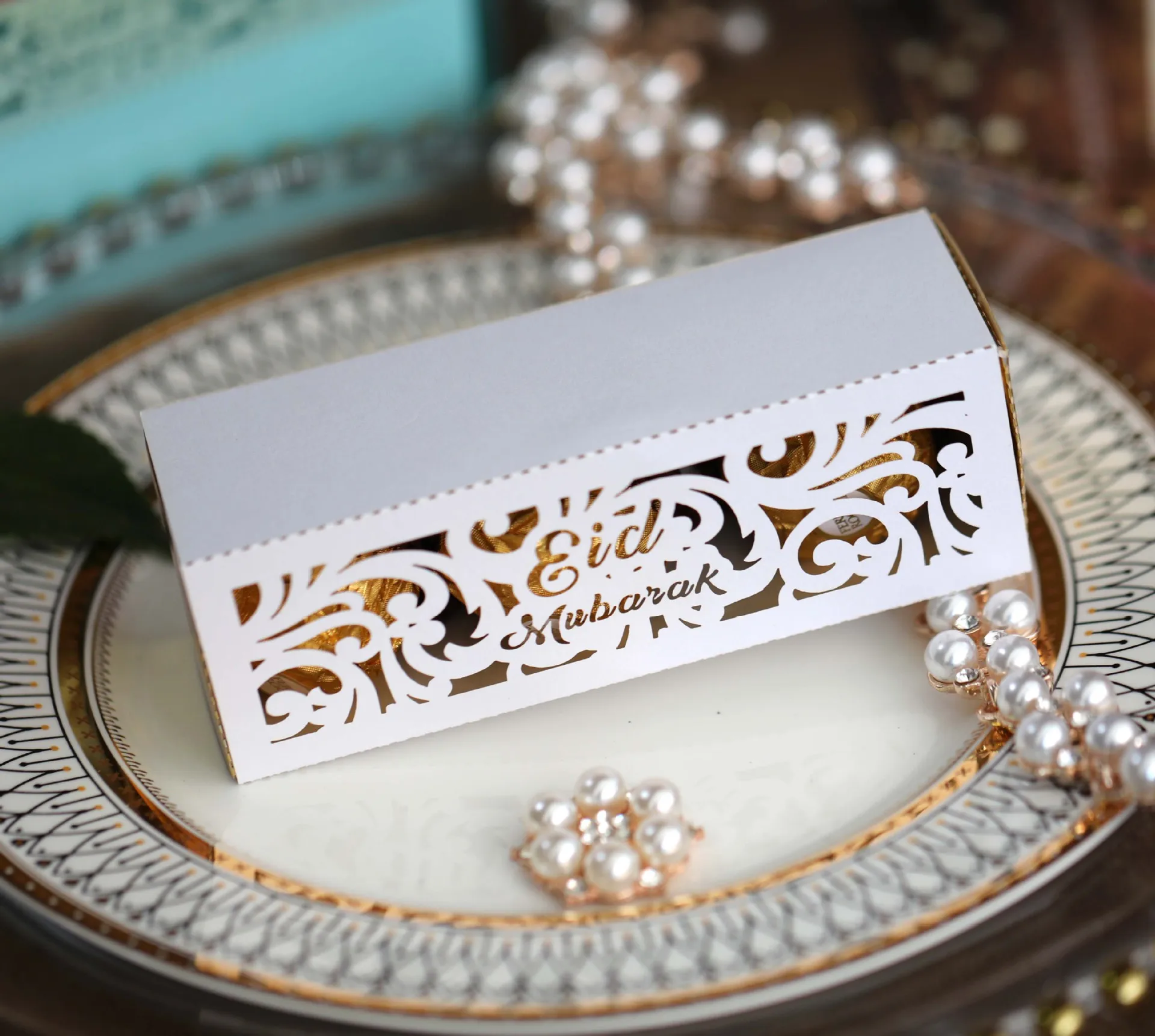Hot Sales Rectangle Eid Mubarak Laser Cut Chocolate Paper Gift Box Candy Sweet Favor Box