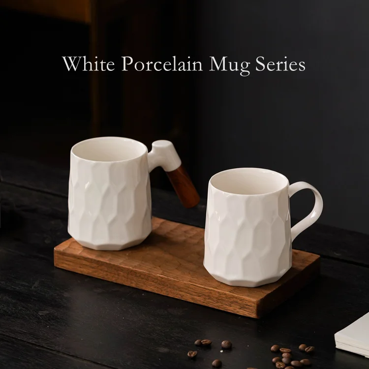 2023 New Large Unique Luxury Ceramic White Porcelain Water Coffee Mug with Wooden Handle