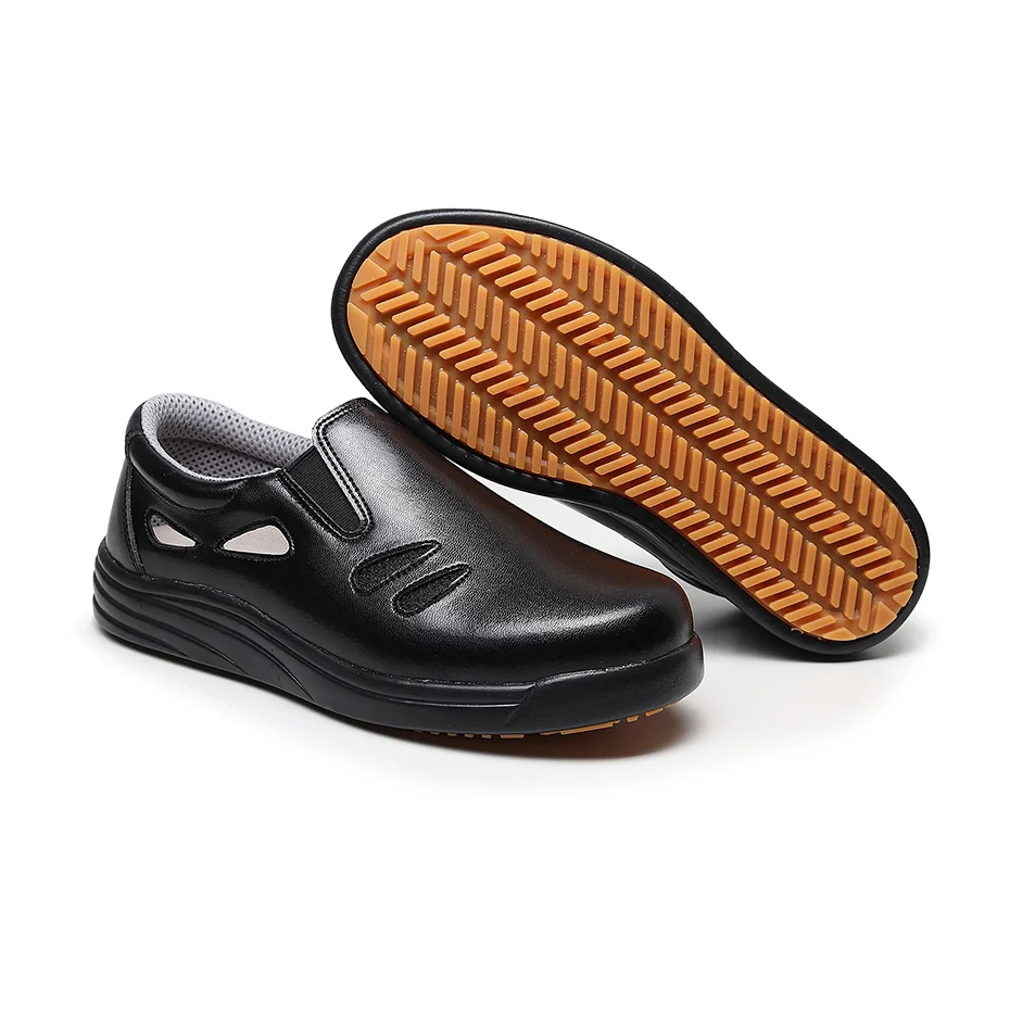 New Design Breathable Black Low Cut Non-Slip Lightweight Rubber Oil Resistant Leather Canteen Kitchen Work Chef Shoes