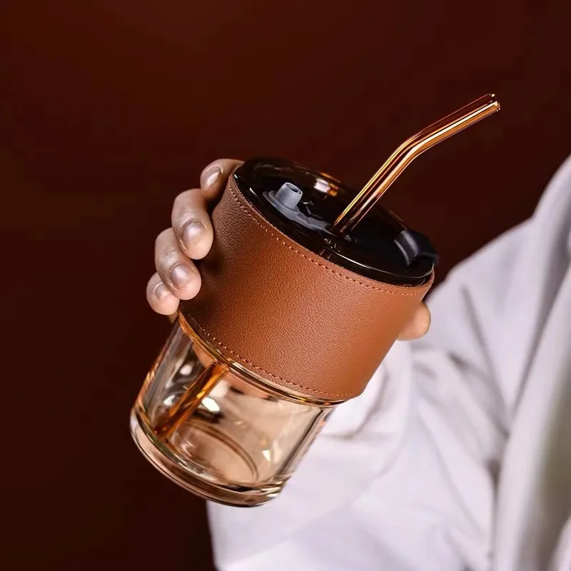 BPA Free Leak-Proof vintage Glass Tumbler tea Cup elegant clear coffee mugs with lid and straws