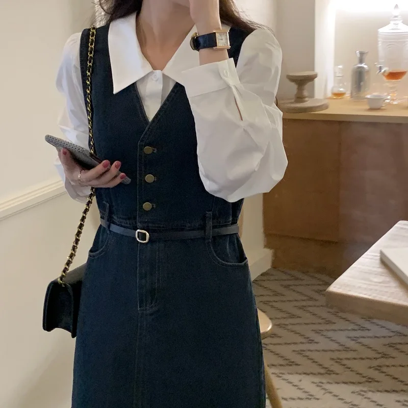 Droma Korean simple loose white shirt+washed denim V-neck single-breasted waist skirt jean two piece set for women