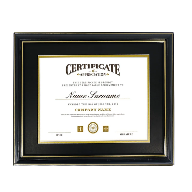 Custom Glossy Black Graduation Certificate Frame Wooden Diploma Frame with Double Gold Trim