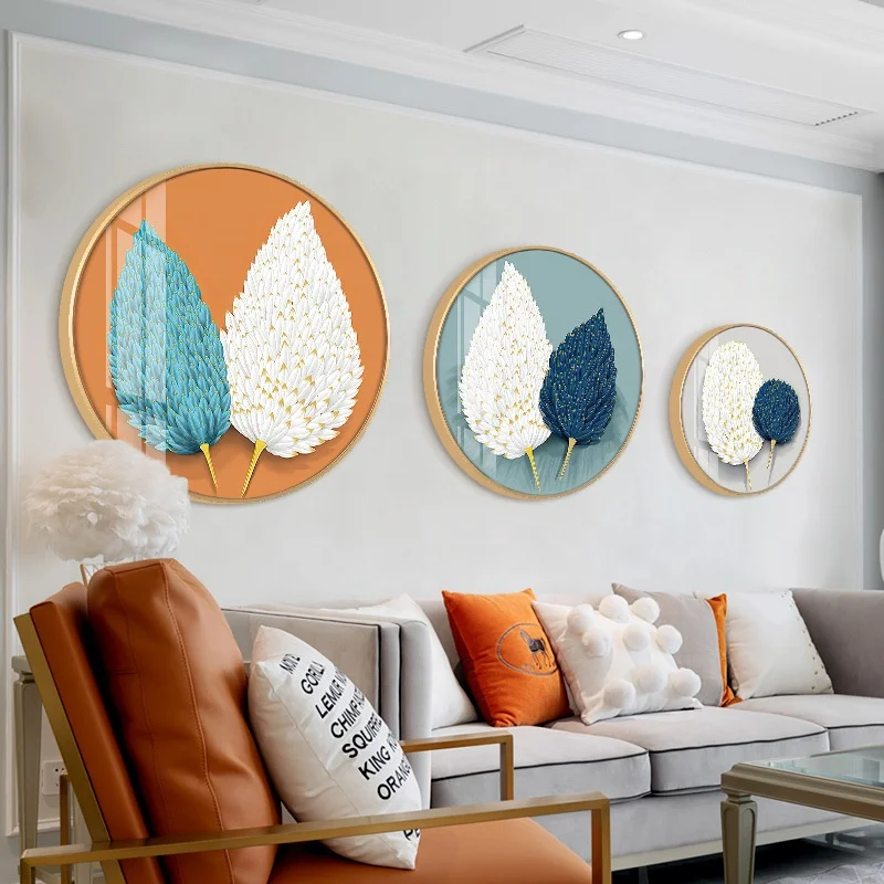 Porch decorative painting light luxury tempered glass wall painting 3D feather picture wall art round crystal porcelain painting