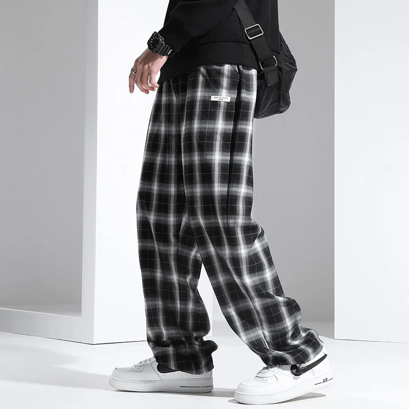 High Waist Plaid Wide Sweatpants Checkered Trousers Casual Loose Drawstring Sports Pants