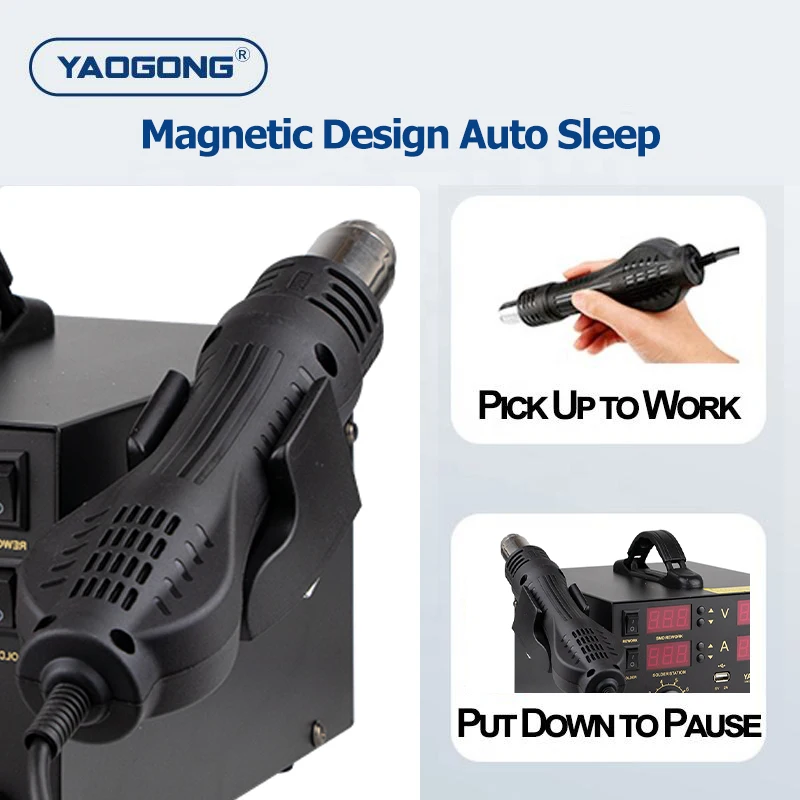 YAOGONG 909D+ 4 in 1 Digital Smart Thermostat Mobile Phone Repair Test Tool DC Power Supply Hot Air Gun Soldering Station