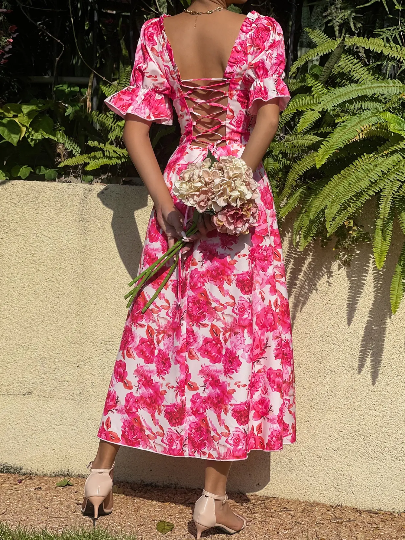 Manufacturer Customized Summer Elegant Lace Up Floral Print Sweet Heart Neck Flounce Sleeve Maxi Dress