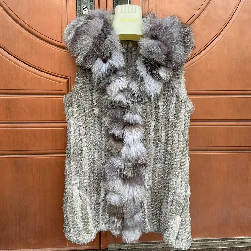 2024 Long Knitted Real Rabbit Fur Vest With Real Fox Fur Collar Women Autumn Fashion Sleeveless Luxury Genuine Rabbit furJacket