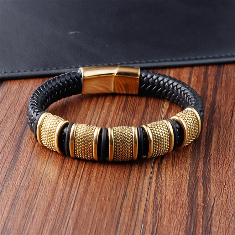Fashion Men Gold Plated Stainless Steel Beaded Bracelets Leather Band Strap Wristband Bracelet Custom Leather Bracelet