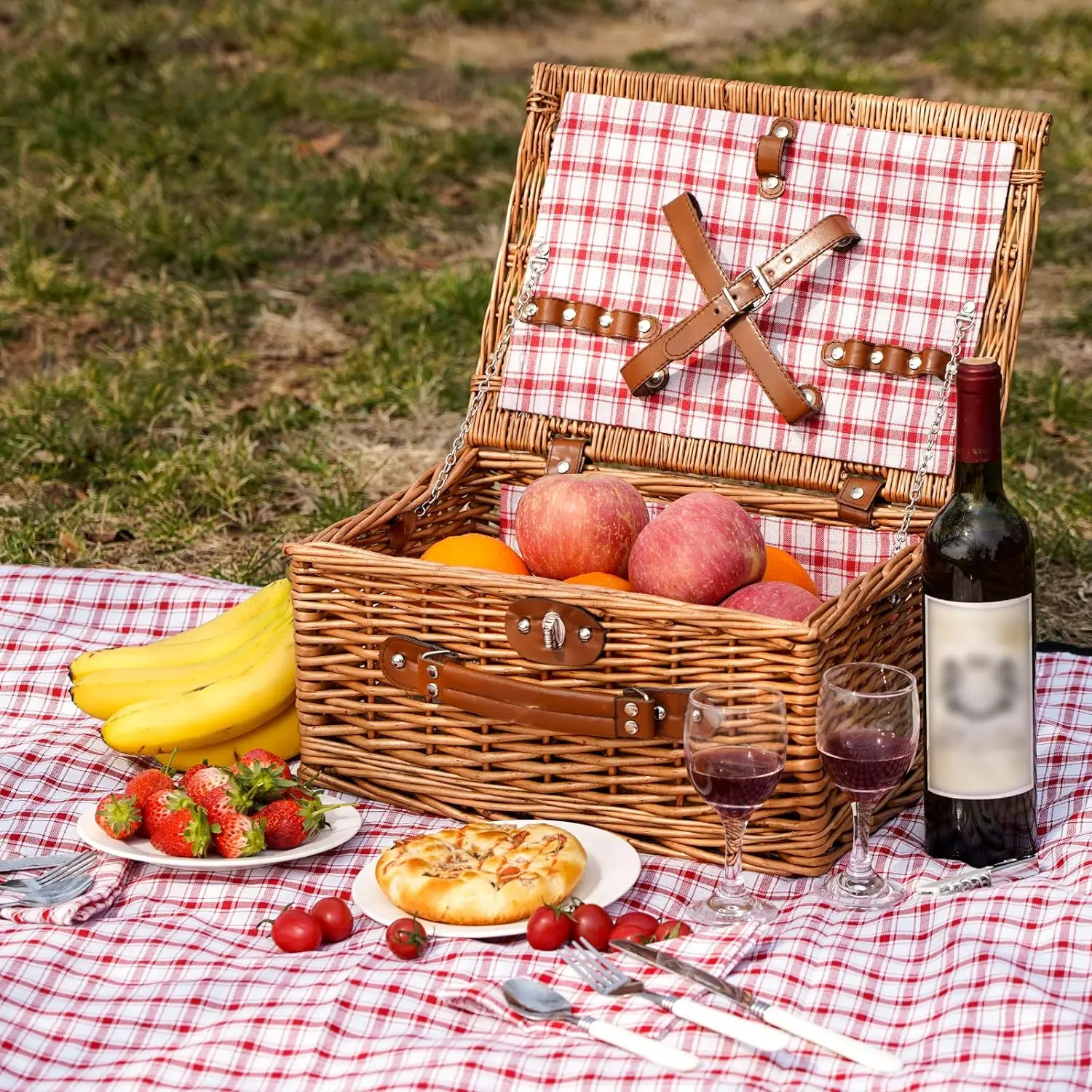 JY Rattan Picnic Basket Set with Insulated Liner and Waterproof Picnic Blanket Wine Pouch Large Wicker Picnic Hamper for Camping