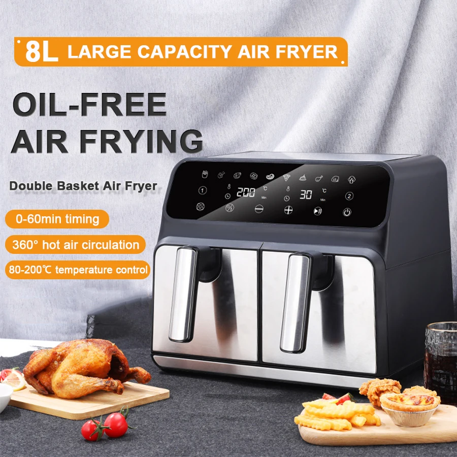 8 L PP+SS Electric 4L + 4L 360 Hot Air 2 Door Double Zone Chamber Baskets Digital Deep Air Fryer Oven with Two Drawer Pot