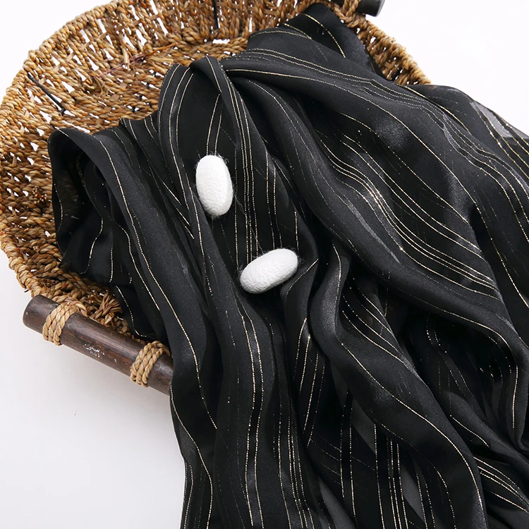 Black gold thread  97% SILK 3% METALLIC satin silk jacquard metallic fabric