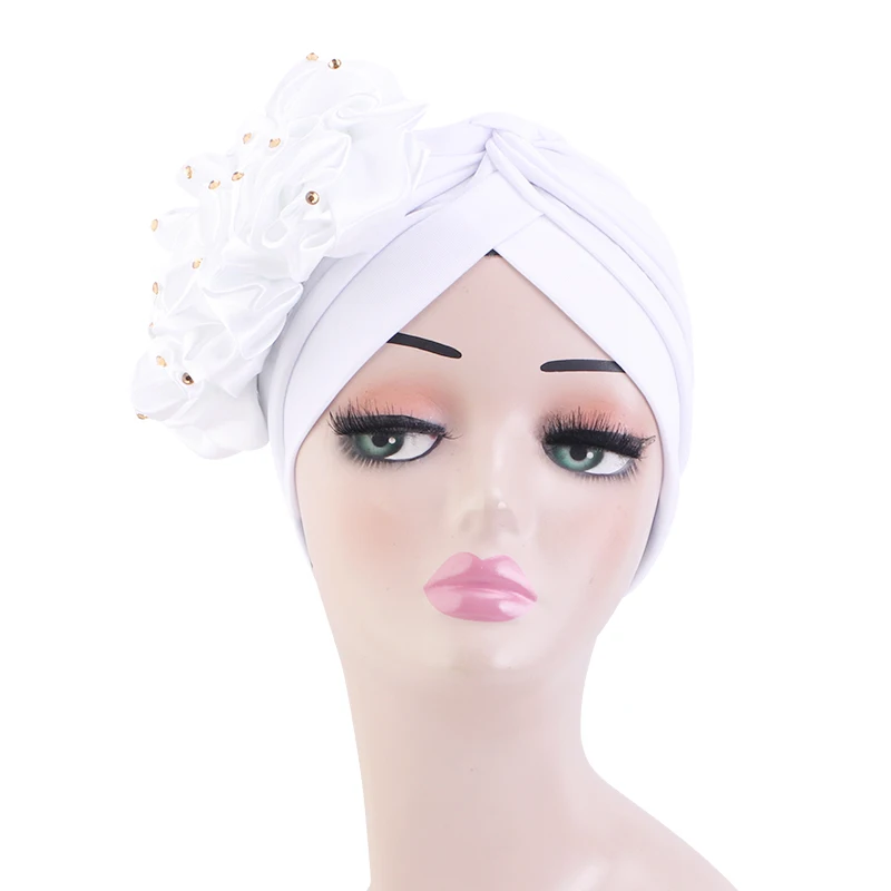 Wholesale Custom Logo Hair Accessories Muslim Big Flower Beaded Turbans Solid Color Ruffle Pre Tied Knotted Turban Cap For Women