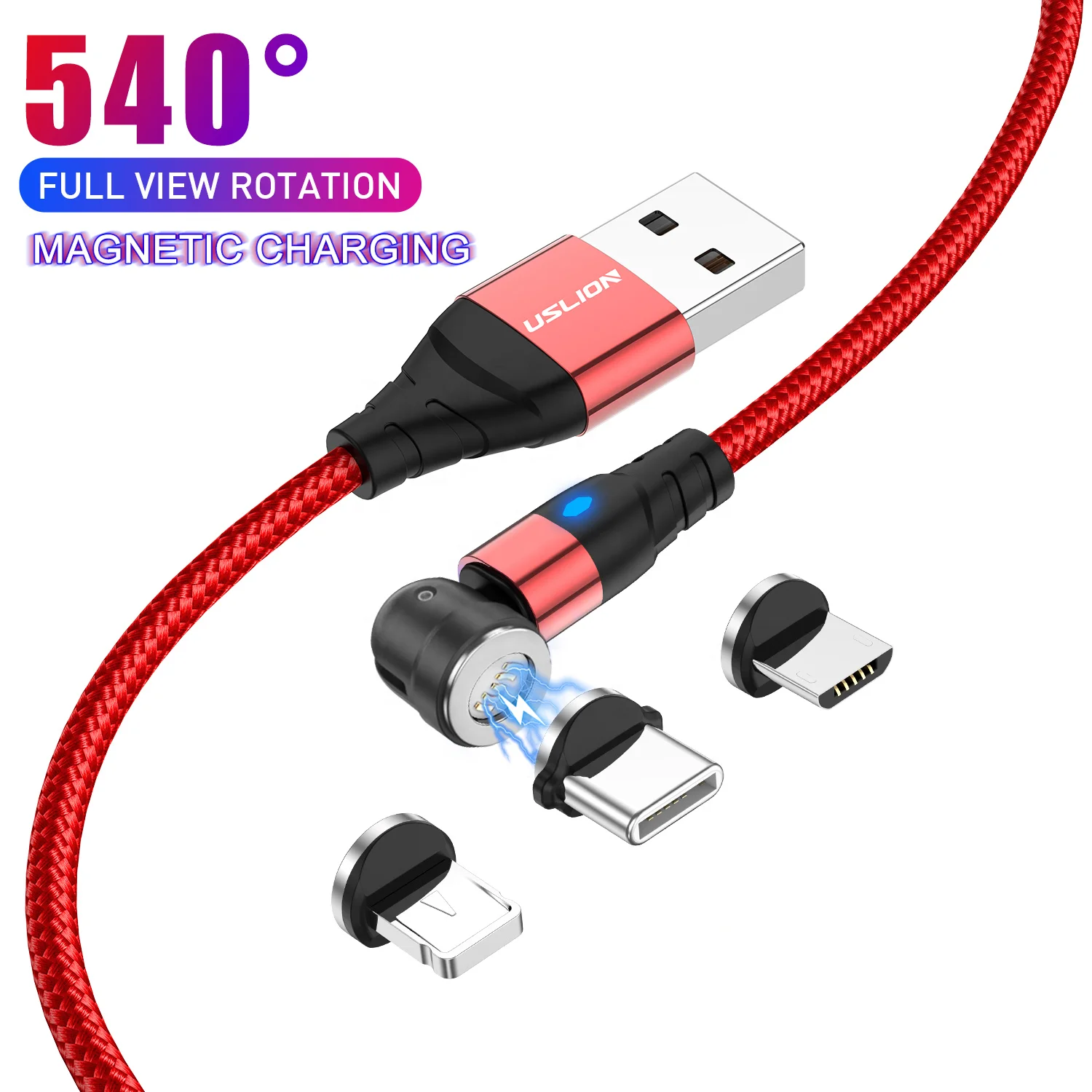 Магнитный USB-кабель USLION OEM с поворотом на 540 градусов, быстрое зарядное устройство типа C, 3 А, кабели для быстрой зарядки, кабель передачи данных для зарядного устройства iphone