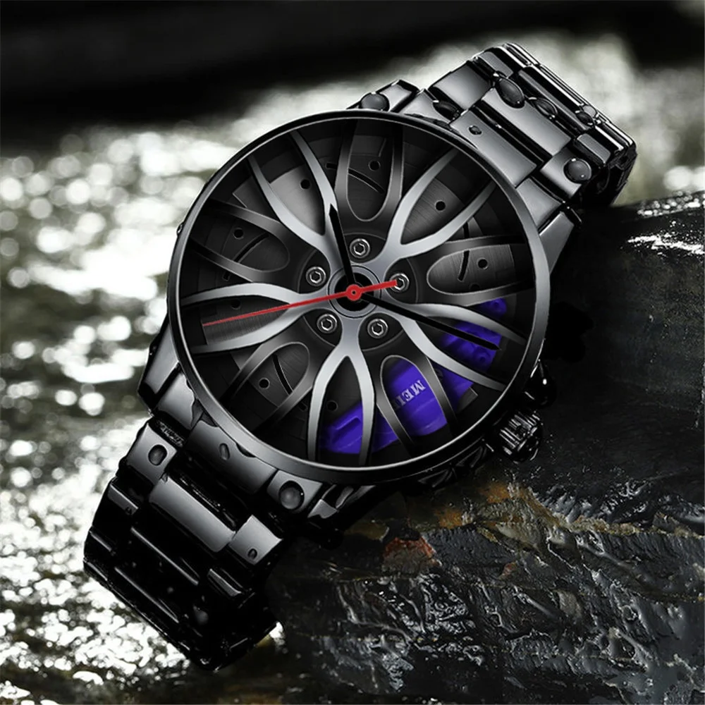 Luxury Custom Unique Black 3D Car Wheel Watch Quartz Sport Rim Car Watches Men Wrist Reloj Car